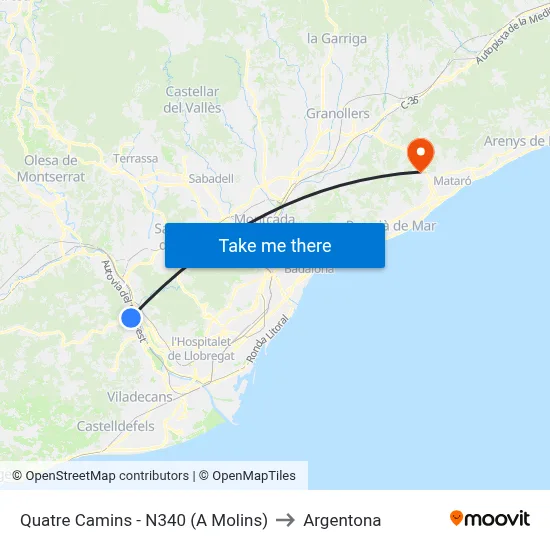 Quatre Camins - N340 (A Molins) to Argentona map