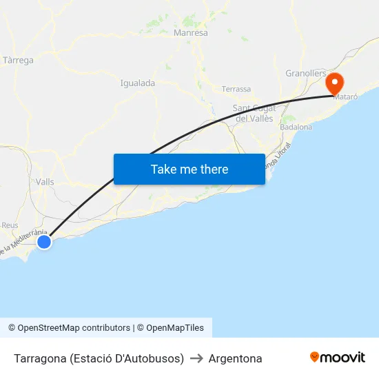 Tarragona (Estació D'Autobusos) to Argentona map