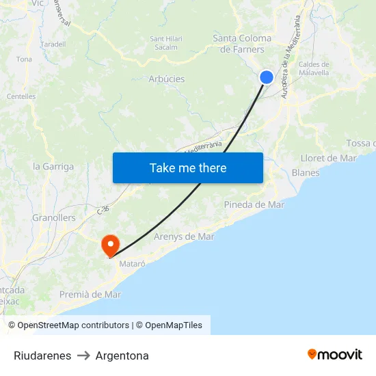 Riudarenes to Argentona map