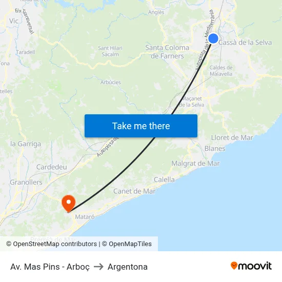 Av. Mas Pins - Arboç to Argentona map