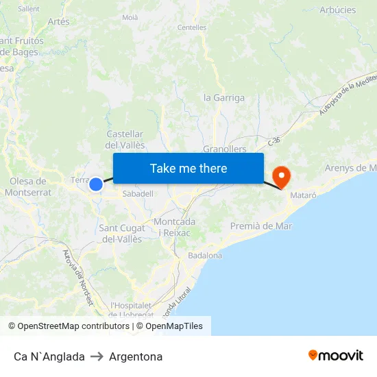 Ca N`Anglada to Argentona map