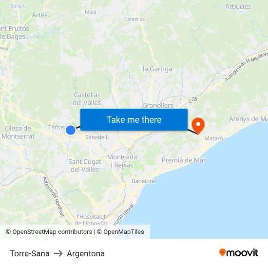 Torre-Sana to Argentona map