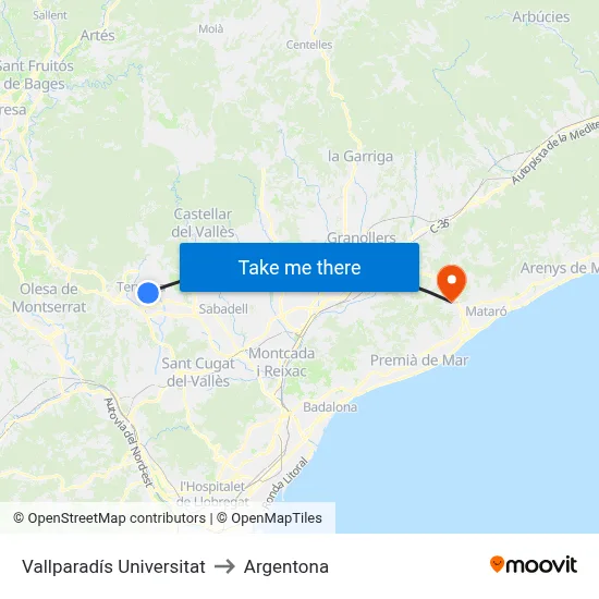 Vallparadís Universitat to Argentona map