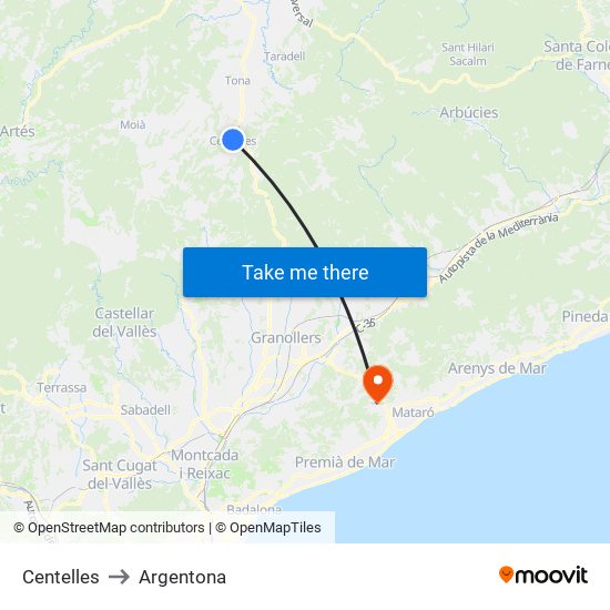 Centelles to Argentona map