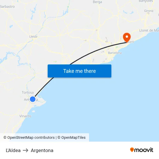 L'Aldea to Argentona map