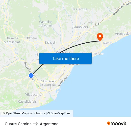 Quatre Camins to Argentona map