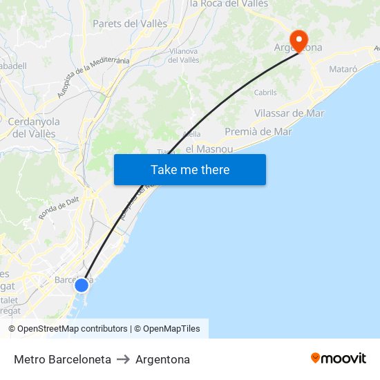 Metro Barceloneta to Argentona map