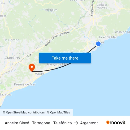 Anselm Clavé - Tarragona - Telefónica to Argentona map