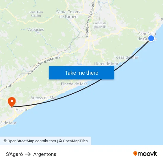 S'Agaró to Argentona map
