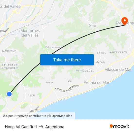 Hospital Can Ruti to Argentona map