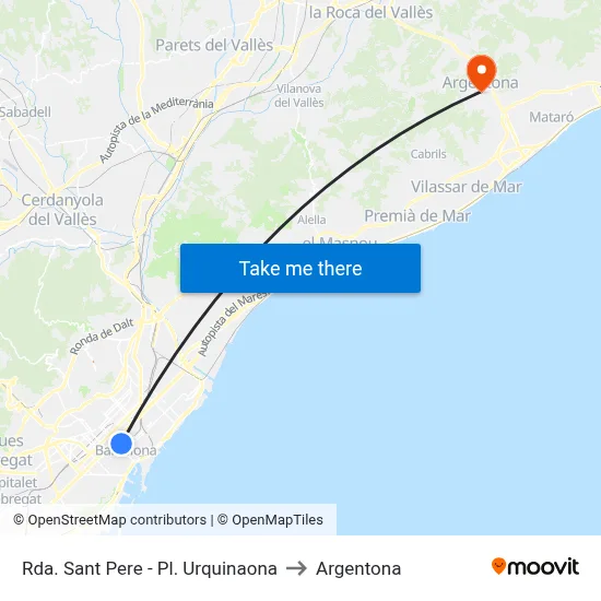 Rda. Sant Pere - Pl. Urquinaona to Argentona map