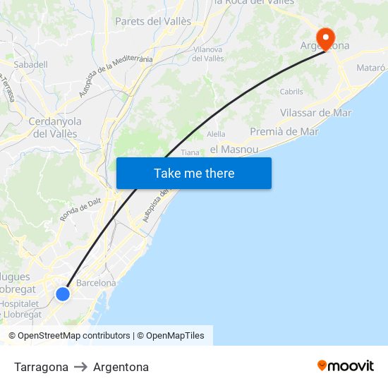 Tarragona to Argentona map