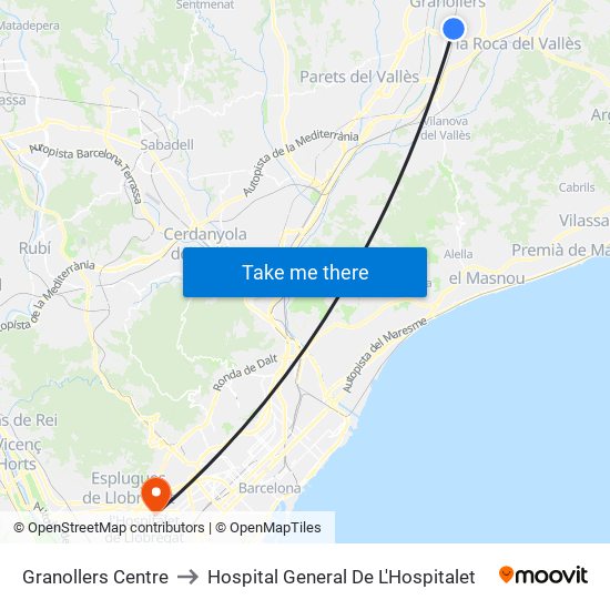 Granollers Centre to Hospital General De L'Hospitalet map