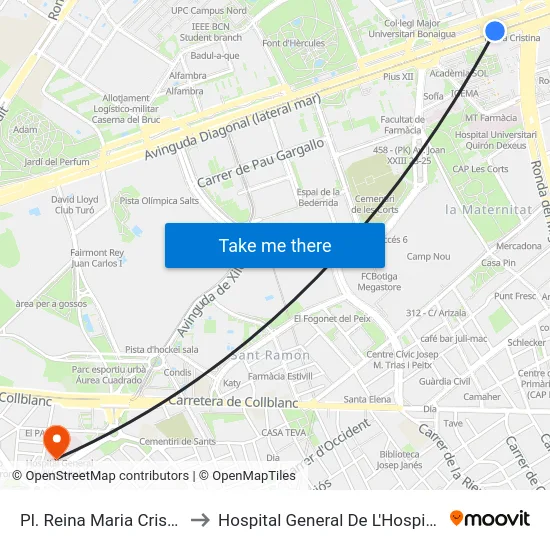 Pl. Reina Maria Cristina to Hospital General De L'Hospitalet map
