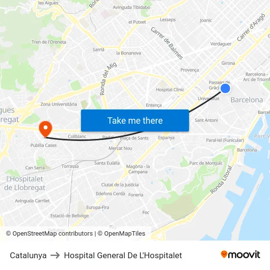 Catalunya to Hospital General De L'Hospitalet map