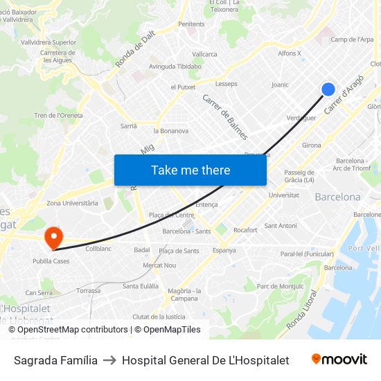 Sagrada Família to Hospital General De L'Hospitalet map