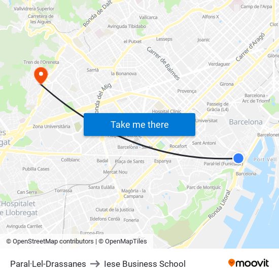 Paral·Lel-Drassanes to Iese Business School map