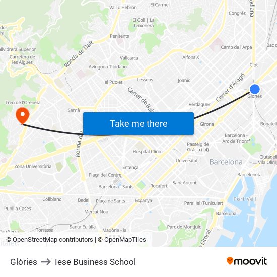 Glòries to Iese Business School map