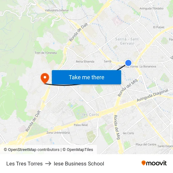 Les Tres Torres to Iese Business School map