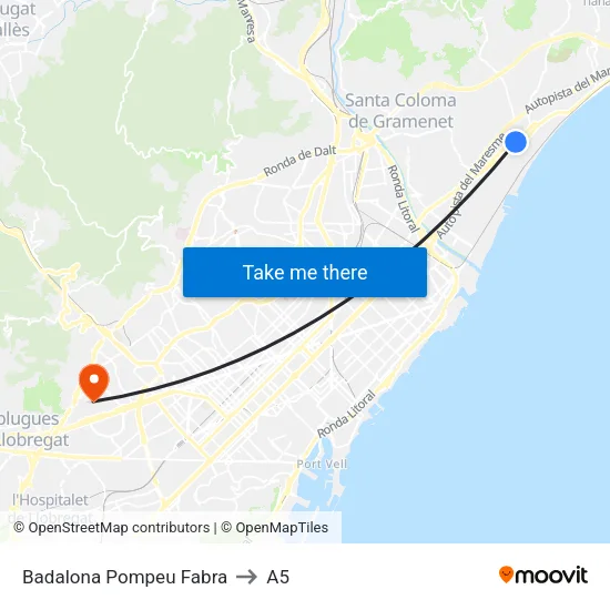 Badalona Pompeu Fabra to A5 map