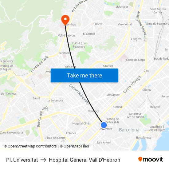 Pl. Universitat to Hospital General Vall D'Hebron map