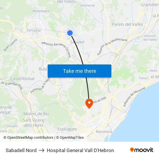 Sabadell Nord to Hospital General Vall D'Hebron map