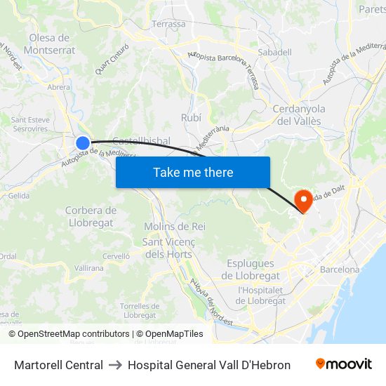 Martorell Central to Hospital General Vall D'Hebron map