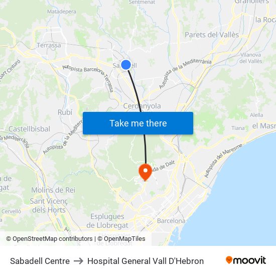 Sabadell Centre to Hospital General Vall D'Hebron map