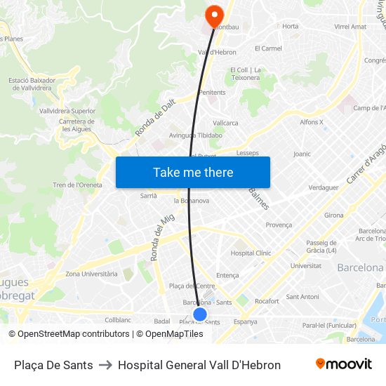 Plaça De Sants to Hospital General Vall D'Hebron map