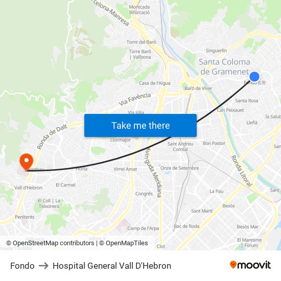 Fondo to Hospital General Vall D'Hebron map