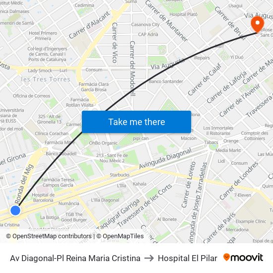 Av Diagonal-Pl Reina Maria Cristina to Hospital El Pilar map