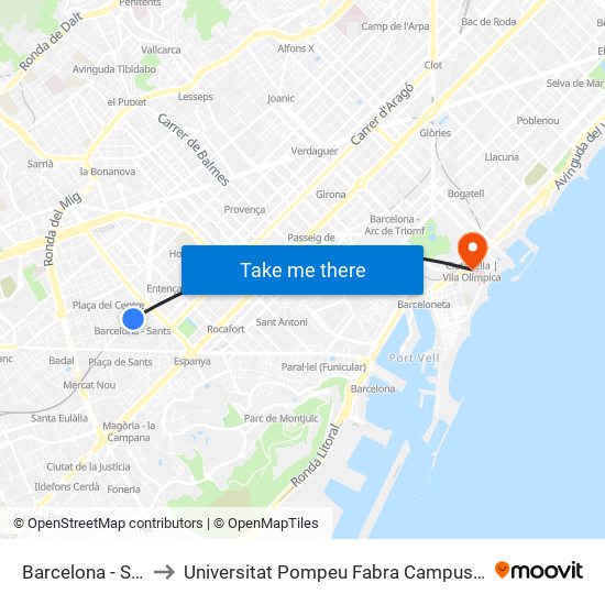 Barcelona - Sants to Universitat Pompeu Fabra Campus Del Mar map