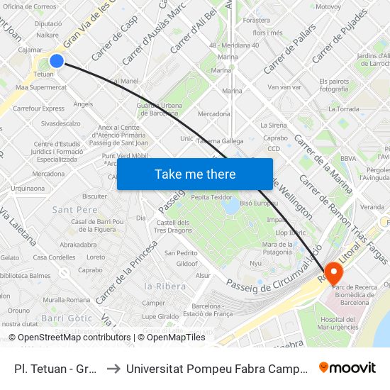 Pl. Tetuan - Gran Via to Universitat Pompeu Fabra Campus Del Mar map