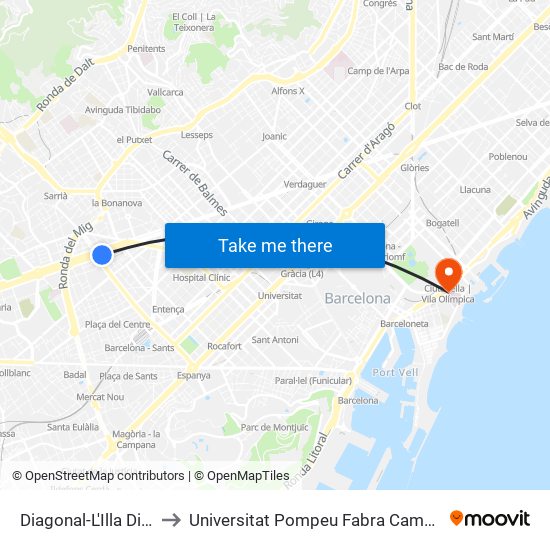 Diagonal-L'Illa Diagonal to Universitat Pompeu Fabra Campus Del Mar map
