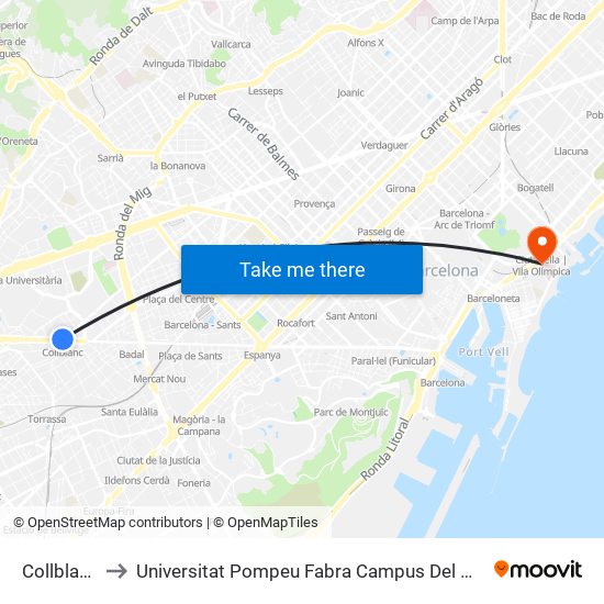 Collblanc to Universitat Pompeu Fabra Campus Del Mar map