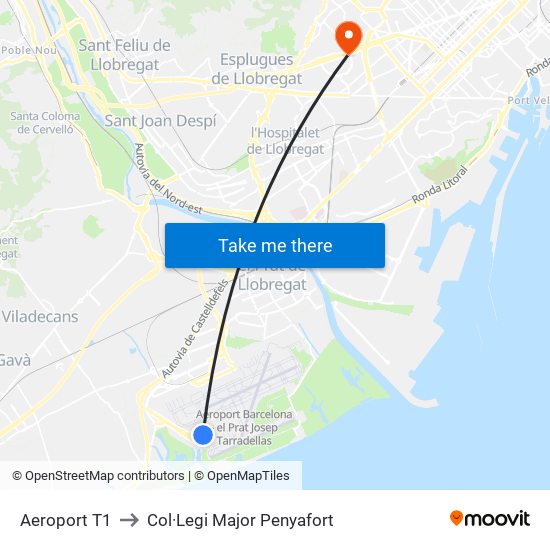 Aeroport T1 to Col·Legi Major Penyafort map