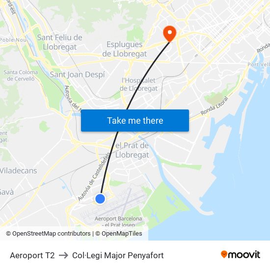 Aeroport T2 to Col·Legi Major Penyafort map