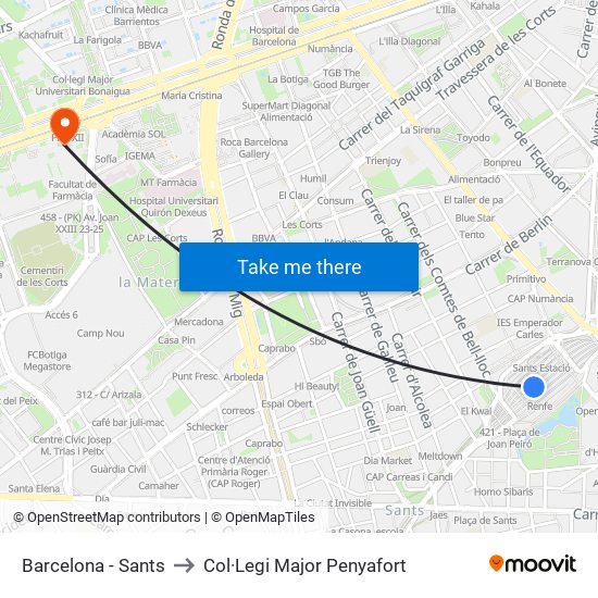 Barcelona - Sants to Col·Legi Major Penyafort map