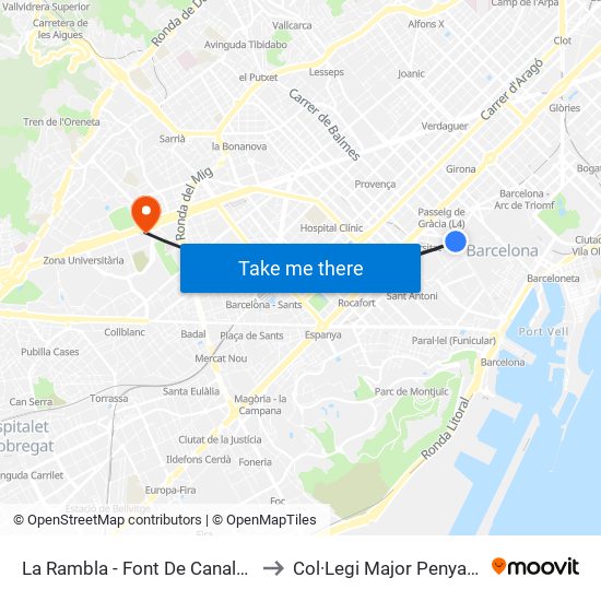 La Rambla - Font De Canaletes to Col·Legi Major Penyafort map