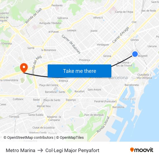 Metro Marina to Col·Legi Major Penyafort map