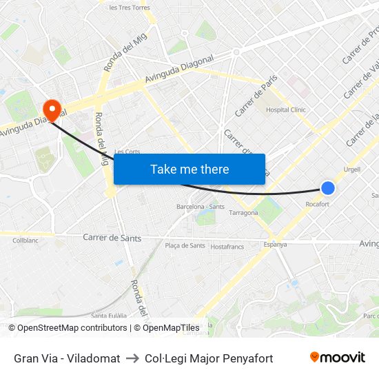 Gran Via - Viladomat to Col·Legi Major Penyafort map