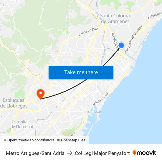 Metro Artigues/Sant Adrià to Col·Legi Major Penyafort map
