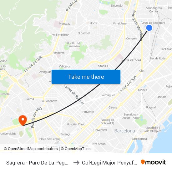 Sagrera - Parc De La Pegaso to Col·Legi Major Penyafort map