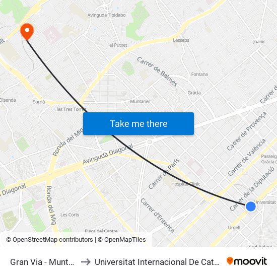 Gran Via - Muntaner to Universitat Internacional De Catalunya map
