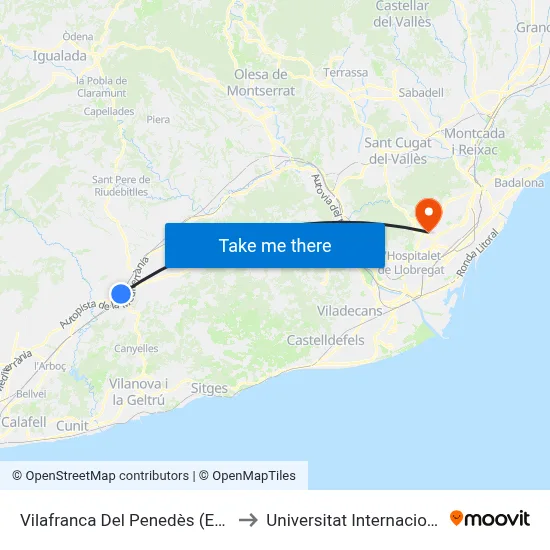 Vilafranca Del Penedès (Estació D'Autobusos) to Universitat Internacional De Catalunya map