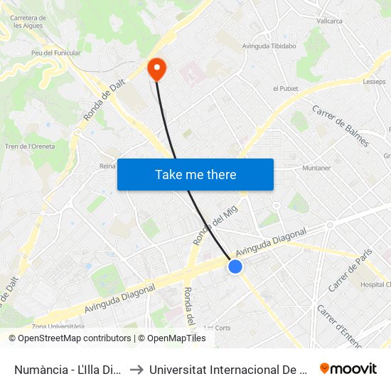 Numància - L'Illa Diagonal to Universitat Internacional De Catalunya map