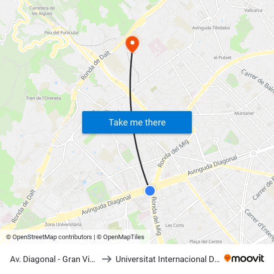 Av. Diagonal - Gran Via Carles III to Universitat Internacional De Catalunya map