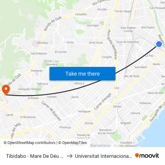 Tibidabo - Mare De Déu De Montserrat to Universitat Internacional De Catalunya map