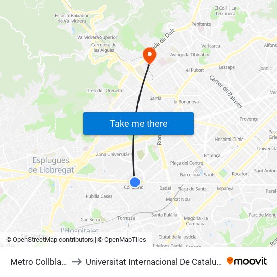 Metro Collblanc to Universitat Internacional De Catalunya map