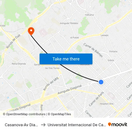 Casanova-Av Diagonal to Universitat Internacional De Catalunya map
